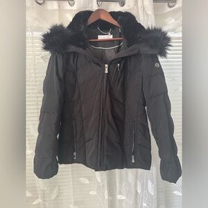 Calvin Klein Women's Black Puffer Coat with Faux Fur Hood